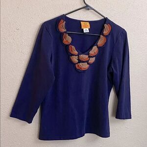 Ruby Rd navy embellished top 3/4 sleeve petite medium tan orange